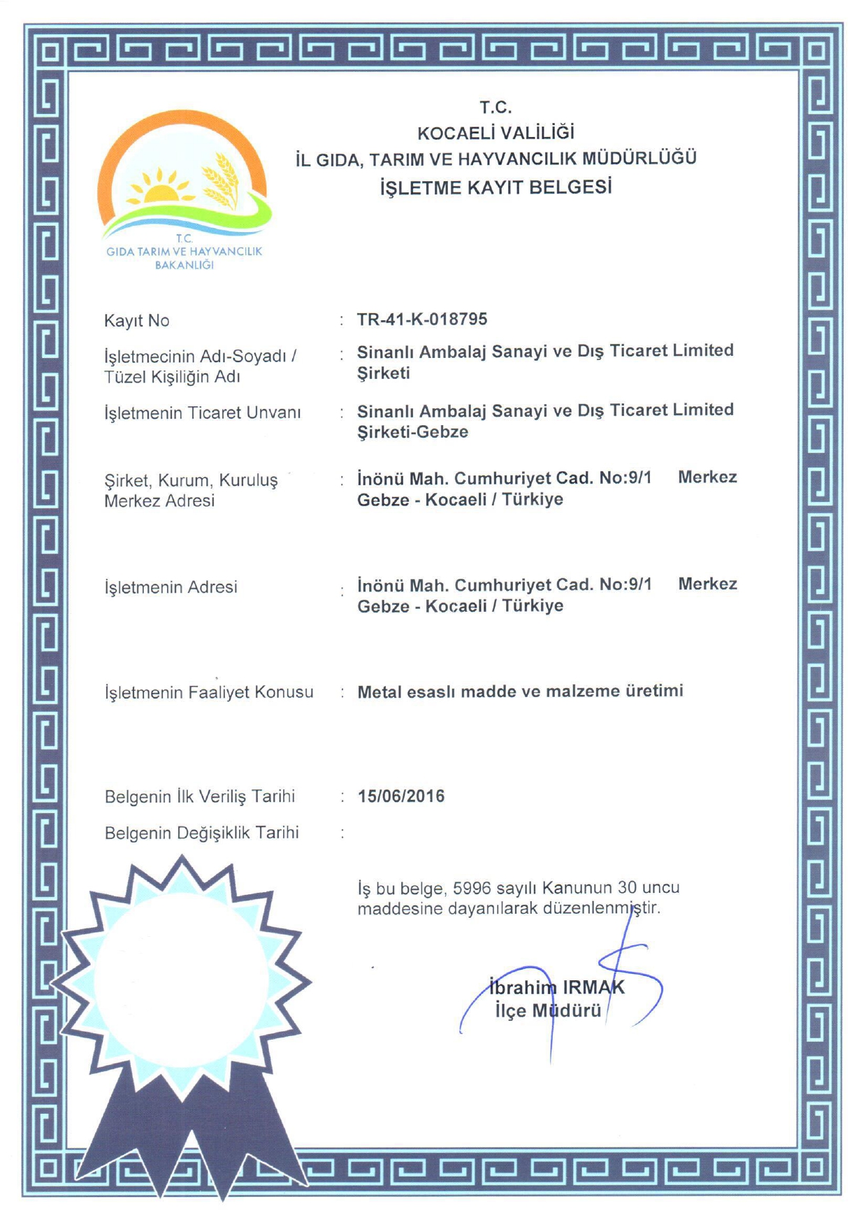 İşletme Kayıt Belgesi