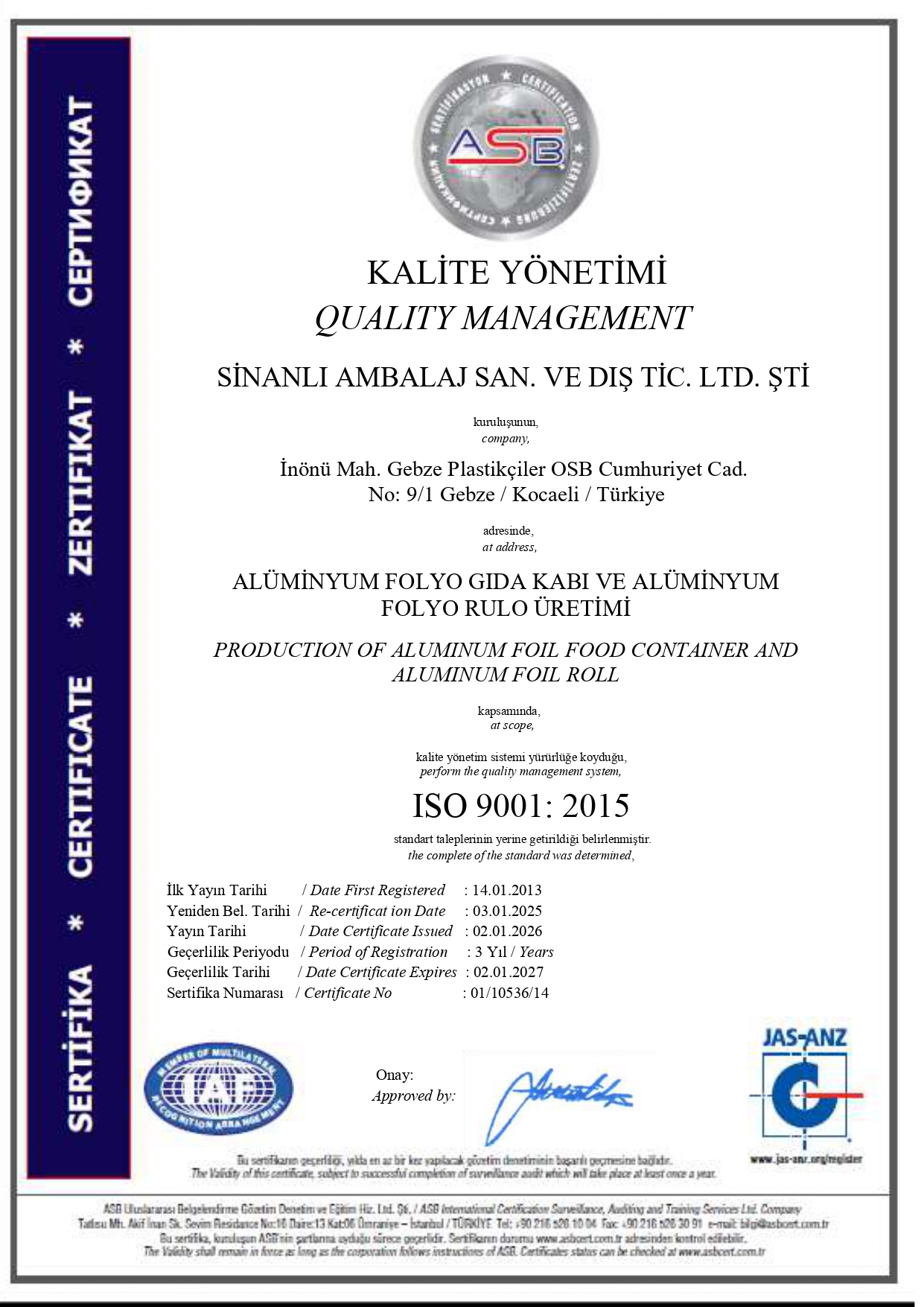 ISO 9001 Sertifikası