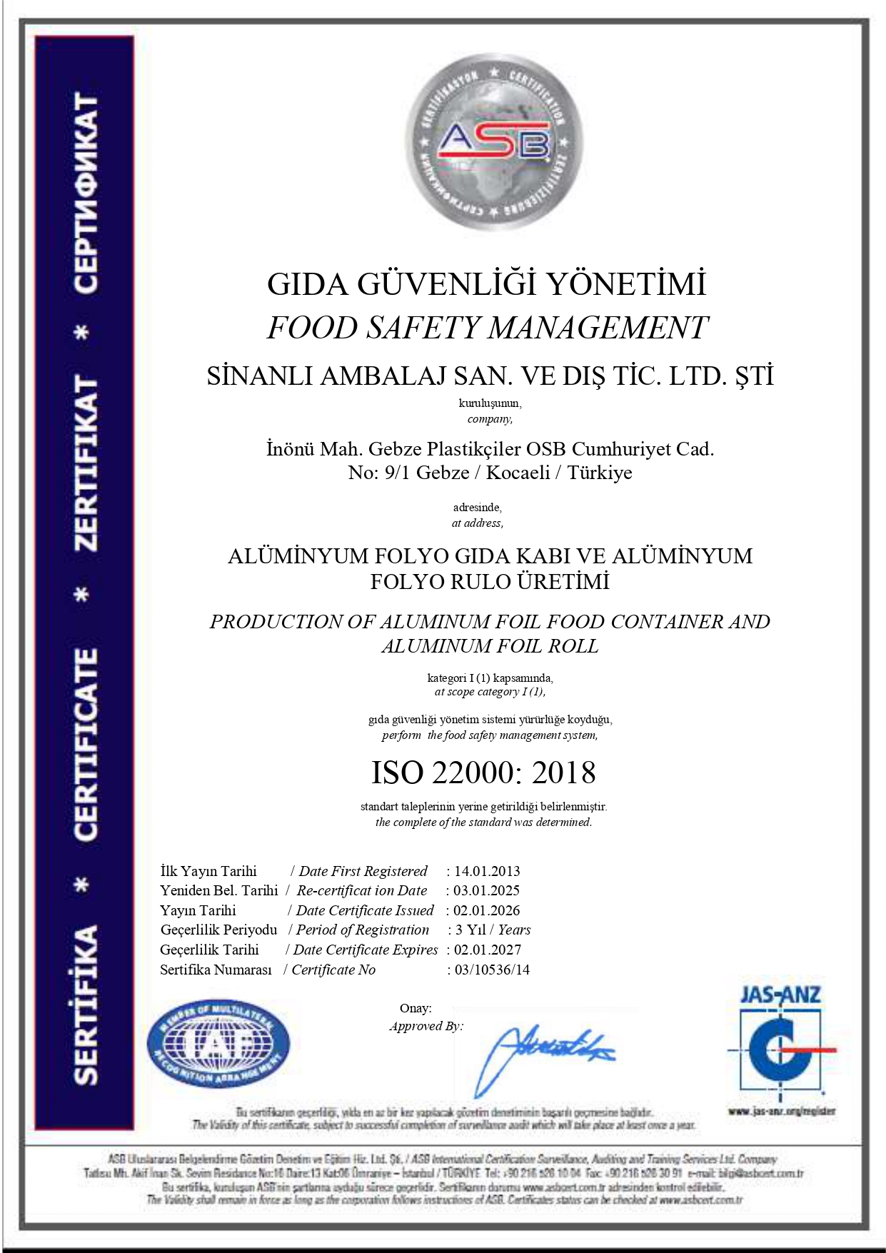 ISO 22000 Sertifikası