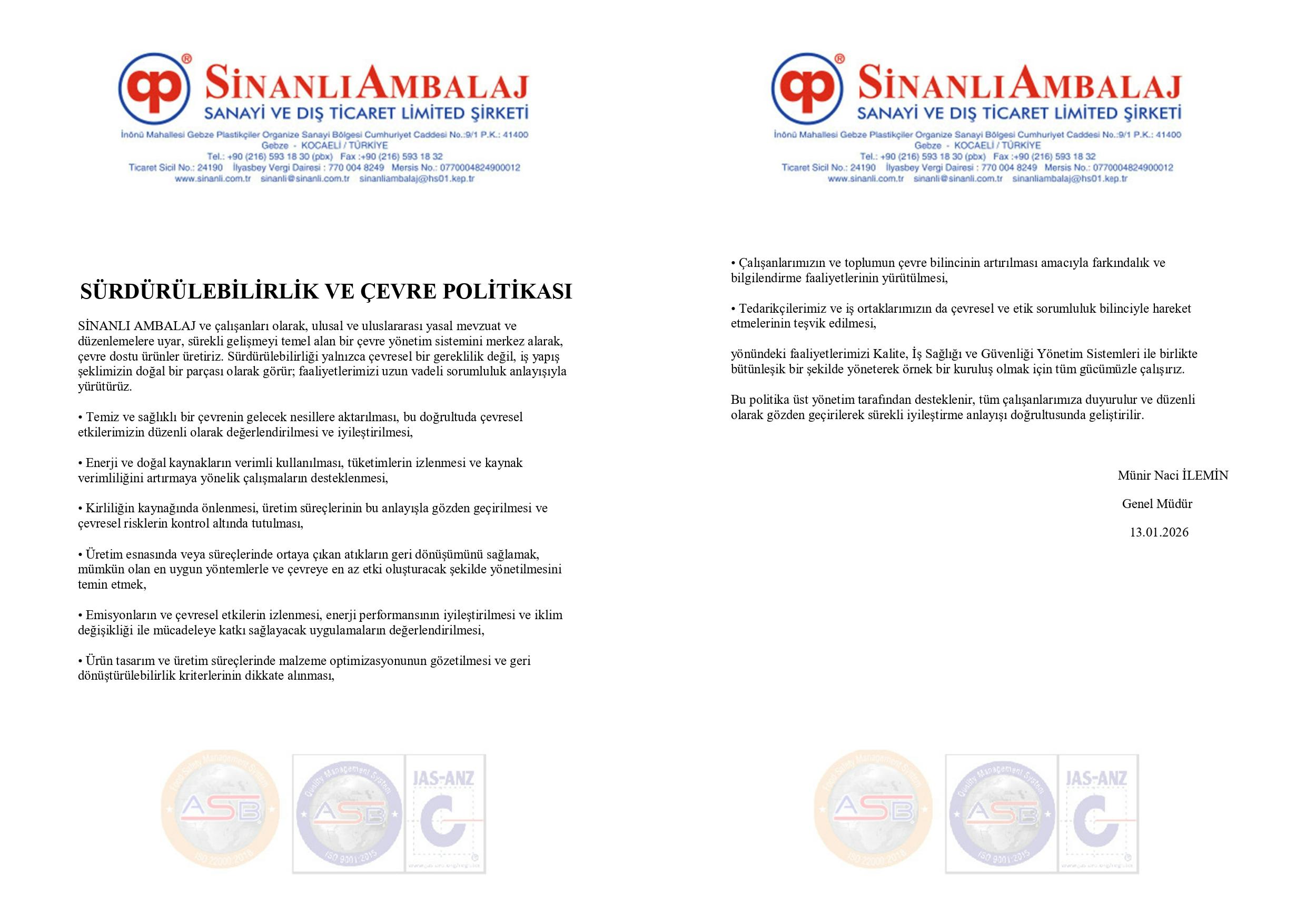 Sürdürülebilirlik ve Çevre Politikası